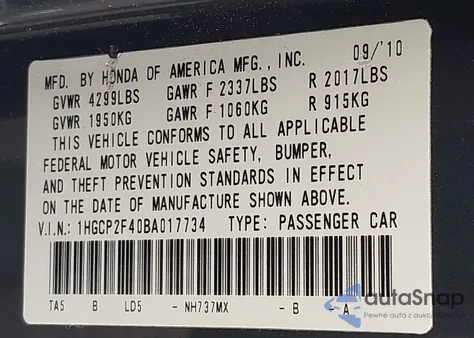 2011 Honda Accord Lxp z USA, uszkodzony, nr VIN 1HGCP2F40BA017734